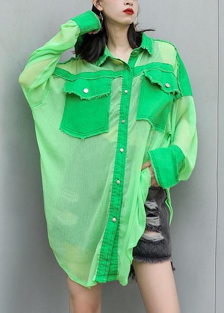 Art Green Chiffon Patchwork Tops Blouses Big Pockets Tunic Summer Blouses