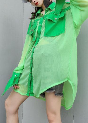 Art Green Chiffon Patchwork Tops Blouses Big Pockets Tunic Summer Blouses