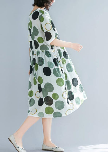 Art Green Dotted Linen Catwalk O Neck Short Sleeve Baggy Summer Dresses