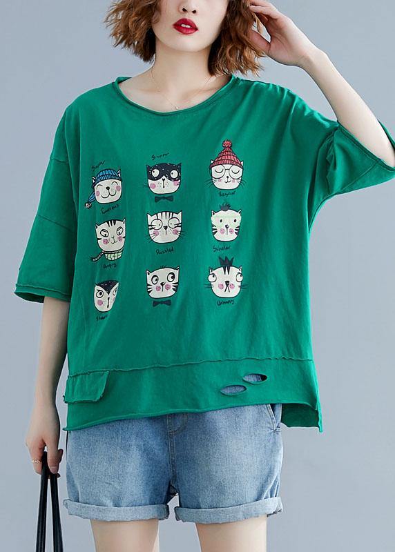 Art Green Prints Cotton Clothes O Neck Hole Midi Summer Shirt