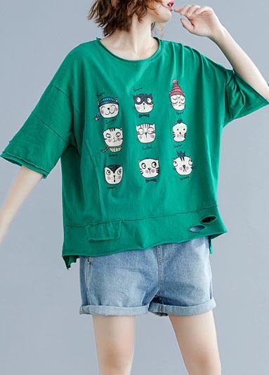 Art Green Prints Cotton Clothes O Neck Hole Midi Summer Shirt