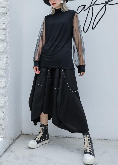 Art High Neck Cotton Clothes Outfits Black Patchwork Tulle Sleeve Blouses