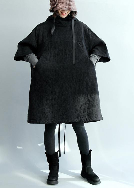 Art Hooded Pockets Fall Tunic Pattern Tops Black Blouses