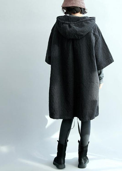 Art Hooded Pockets Fall Tunic Pattern Tops Black Blouses