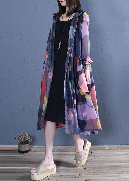 Art Hooded Zippered Summer Pattern Blue Print Loose Outwear