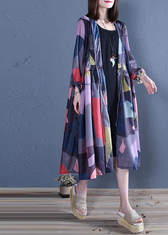 Art Hooded Zippered Summer Pattern Blue Print Loose Outwear