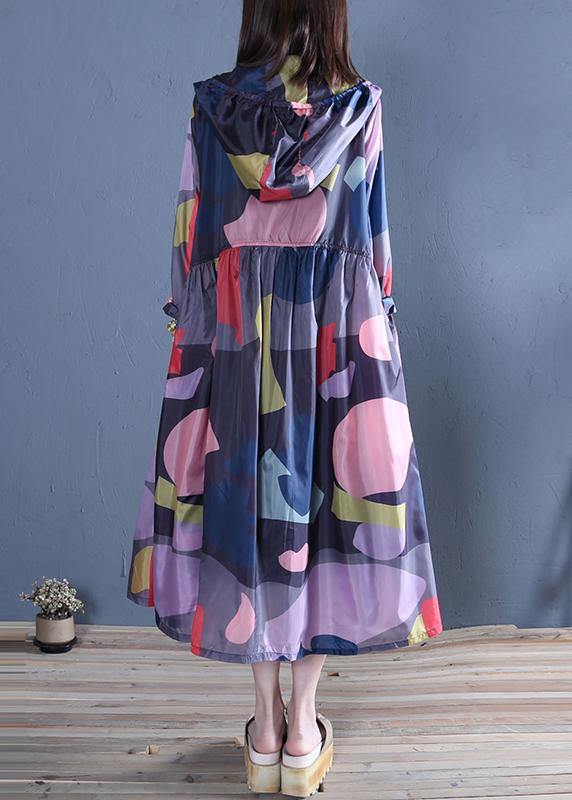 Art Hooded Zippered Summer Pattern Blue Print Loose Outwear