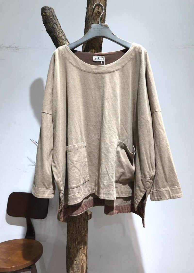 Art Khaki Cotton Tunic Pattern Low High Design Art Fall Blouses