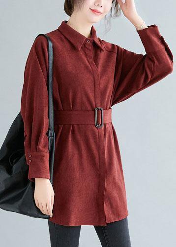 Art lapel Button cotton spring tunic top Cotton burgundy top