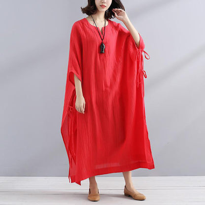 Art Linen Clothes for Summer V Neck Slit Loose Red Dress