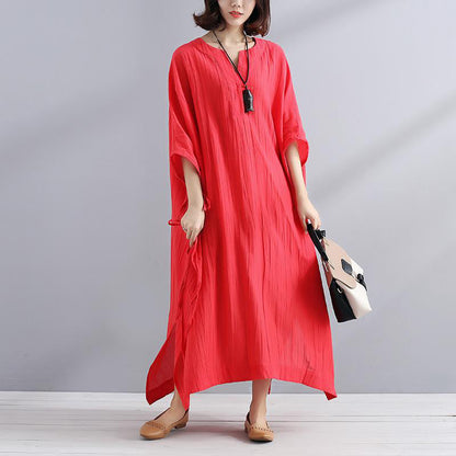 Art Linen Clothes for Summer V Neck Slit Loose Red Dress