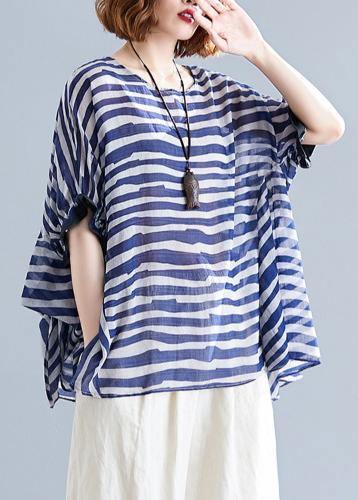 Art O Neck Batwing Sleeve Clothes Work Outfits Blue Striped Blouse