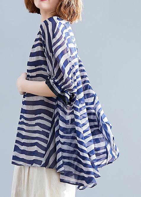 Art O Neck Batwing Sleeve Clothes Work Outfits Blue Striped Blouse