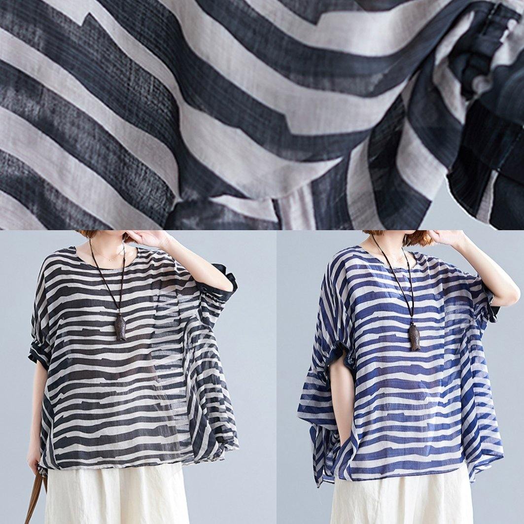 Art O Neck Batwing Sleeve Clothes Work Outfits Blue Striped Blouse