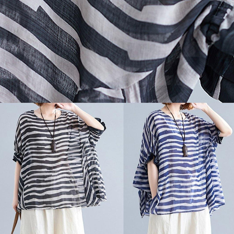 Art O Neck Batwing Sleeve Clothes Work Outfits Blue Striped Blouse