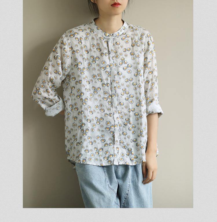 Art O Neck Button Down Shirts Work Outfits Yellow Print Shirts