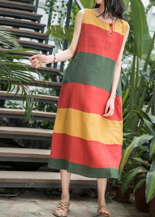 Art O Neck Sleeveless Linen Clothes for Inspiration Red Striped Dress Summer