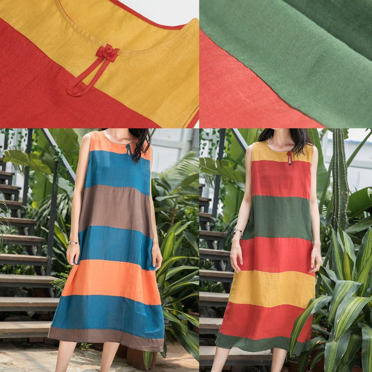 Art O Neck Sleeveless Linen Clothes for Inspiration Red Striped Dress Summer