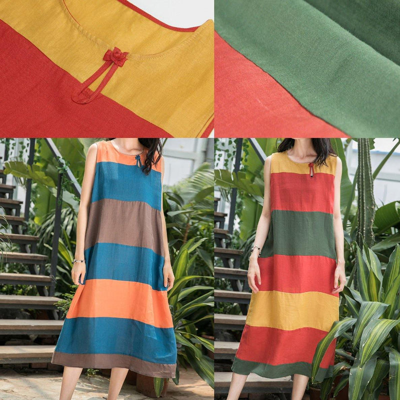 Art O Neck Sleeveless Linen Clothes for Inspiration Red Striped Dress Summer