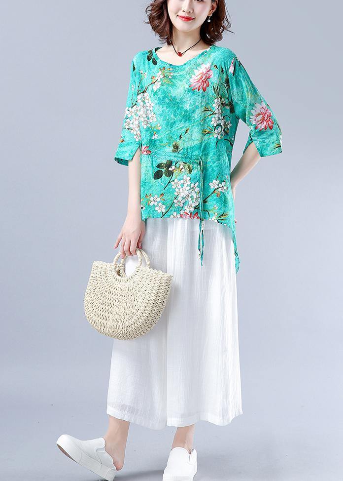 Art O Neck Asymmetric Tunic Pattern Green Plant Printing Dresses Blouses