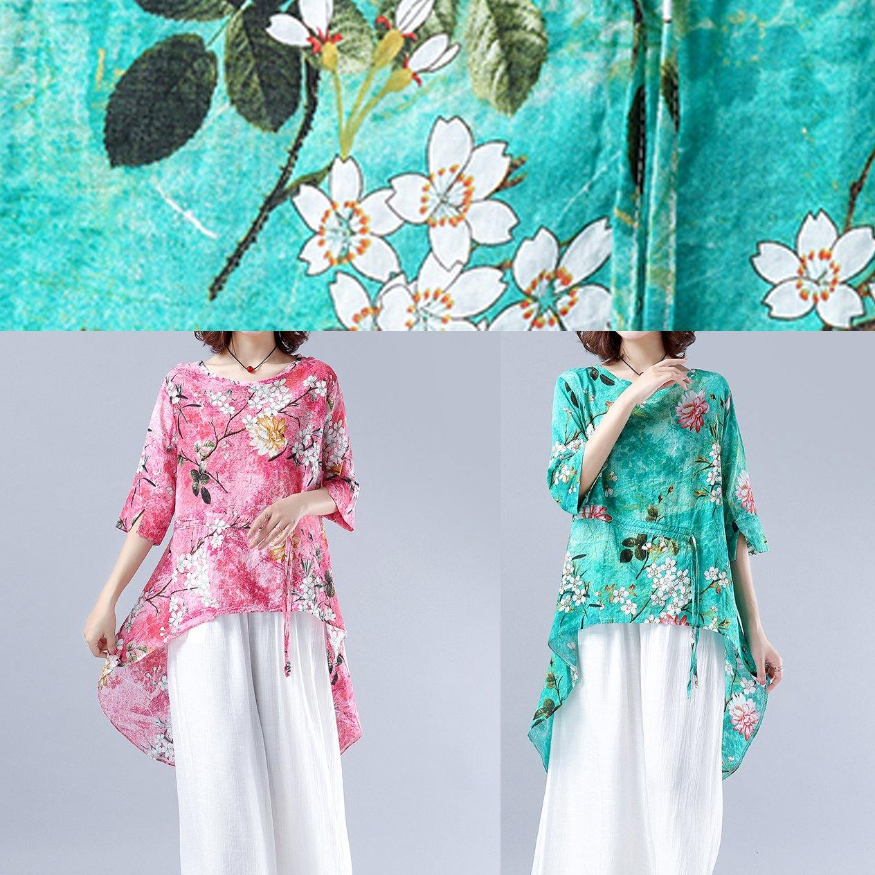 Art O Neck Asymmetric Tunic Pattern Green Plant Printing Dresses Blouses