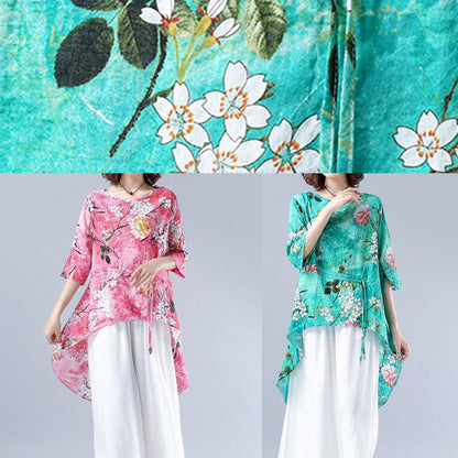 Art O Neck Asymmetric Tunic Pattern Green Plant Printing Dresses Blouses