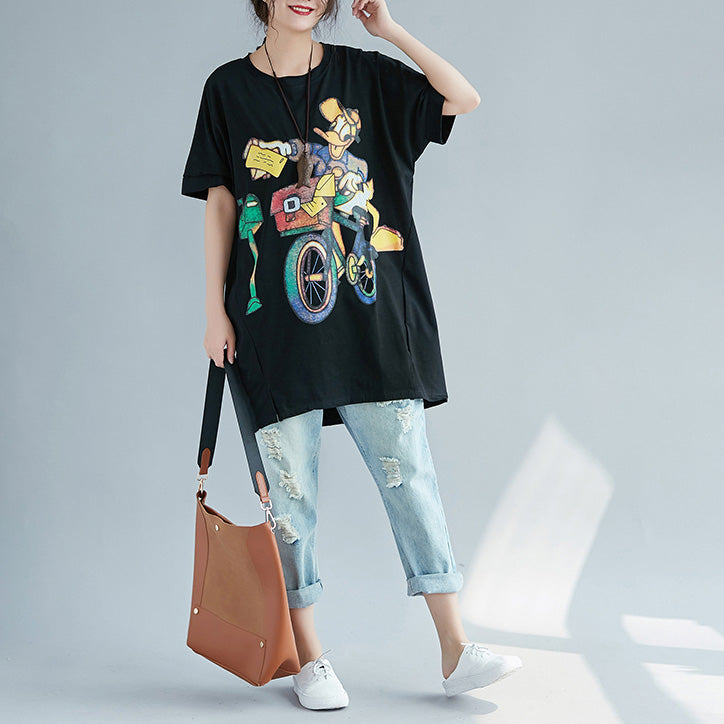 Art O Neck Cotton Tops Fine Design Black Print Baggy Tops