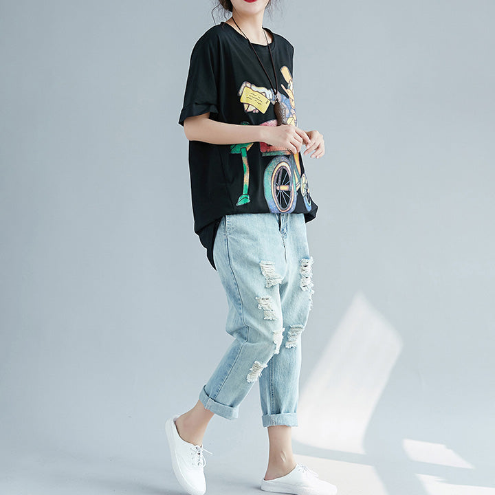 Art O Neck Cotton Tops Fine Design Black Print Baggy Tops