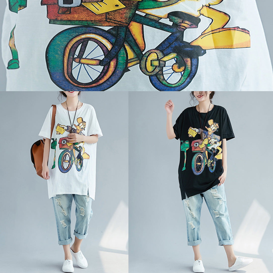 Art O Neck Cotton Tops Fine Design Black Print Baggy Tops