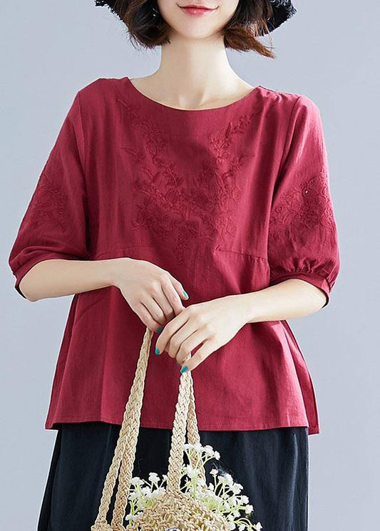 Art O Neck Embroidery Cotton Blouse Sewing Burgundy Shirt Summer