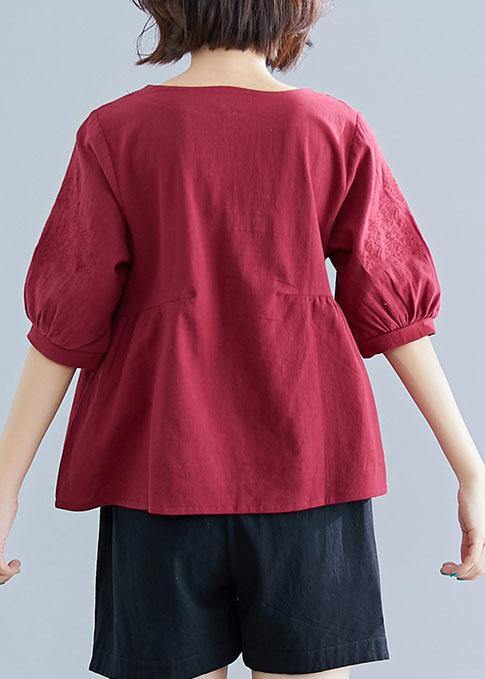 Art O Neck Embroidery Cotton Blouse Sewing Burgundy Shirt Summer