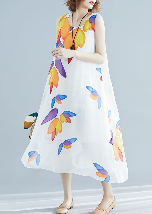 Art O Neck False Two Pieces Chiffon Dresses White Print Dresses Summer