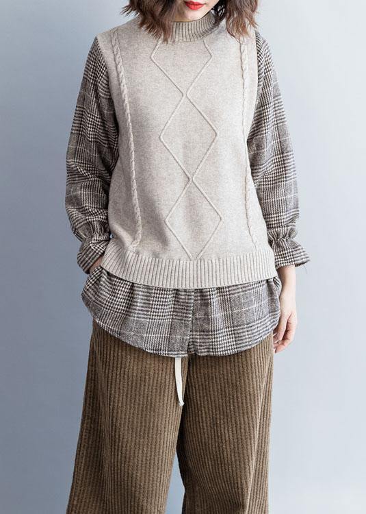 Art O Neck False Two Pieces Cotton Tunic Pattern Fabrics Chocolate Plaid Shirt Fall