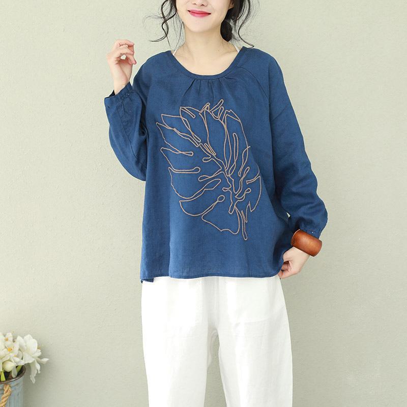 Art O Neck Linen Blouse Indian Shape Blue Printing Tops