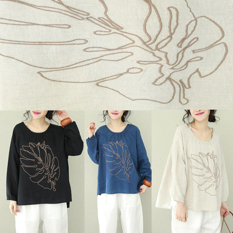 Art O Neck Linen Blouse Indian Shape Blue Printing Tops
