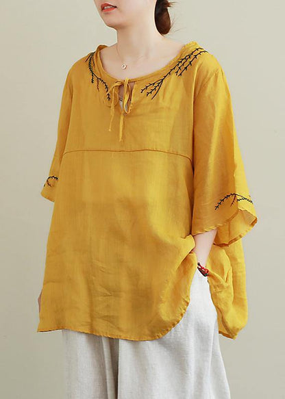 Art O Neck Linen Blouse Wardrobes Yellow Embroidery Tops