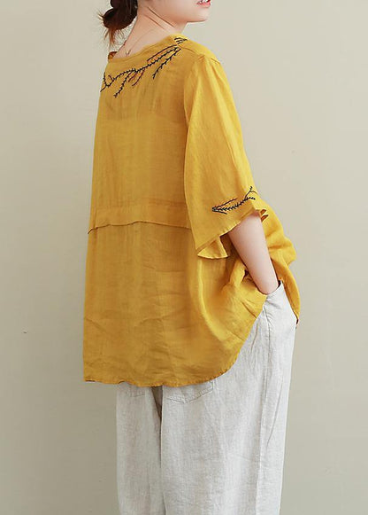 Art O Neck Linen Blouse Wardrobes Yellow Embroidery Tops
