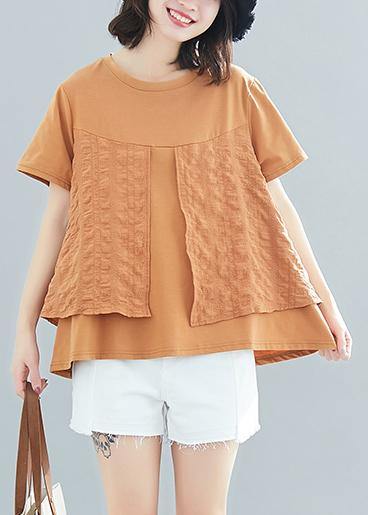 Art O Neck Patchwork Cotton Tops Blouses Korea Work Outfits Khaki Box Blouses Summer