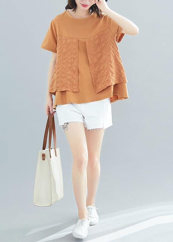 Art O Neck Patchwork Cotton Tops Blouses Korea Work Outfits Khaki Box Blouses Summer