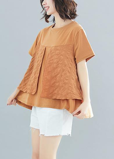 Art O Neck Patchwork Cotton Tops Blouses Korea Work Outfits Khaki Box Blouses Summer