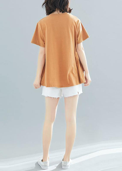 Art O Neck Patchwork Cotton Tops Blouses Korea Work Outfits Khaki Box Blouses Summer