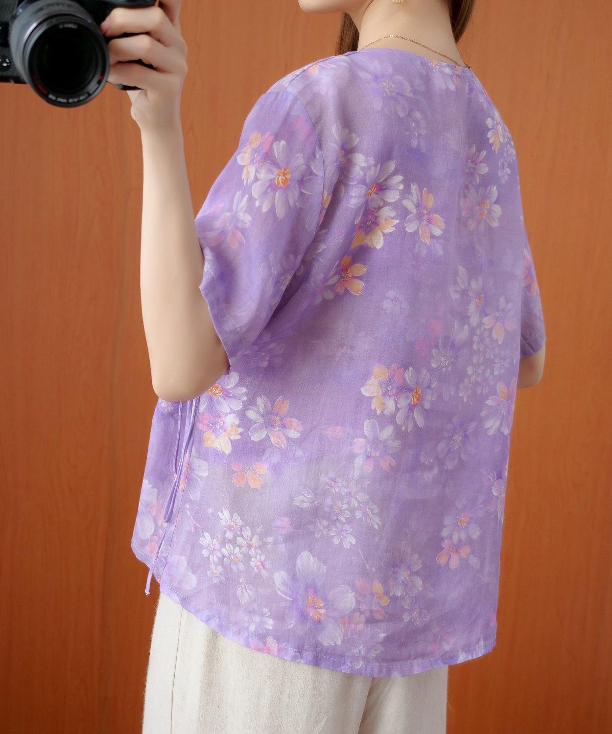 Art O Neck Tie Waist Blouse Wardrobes Purple Print Shirt