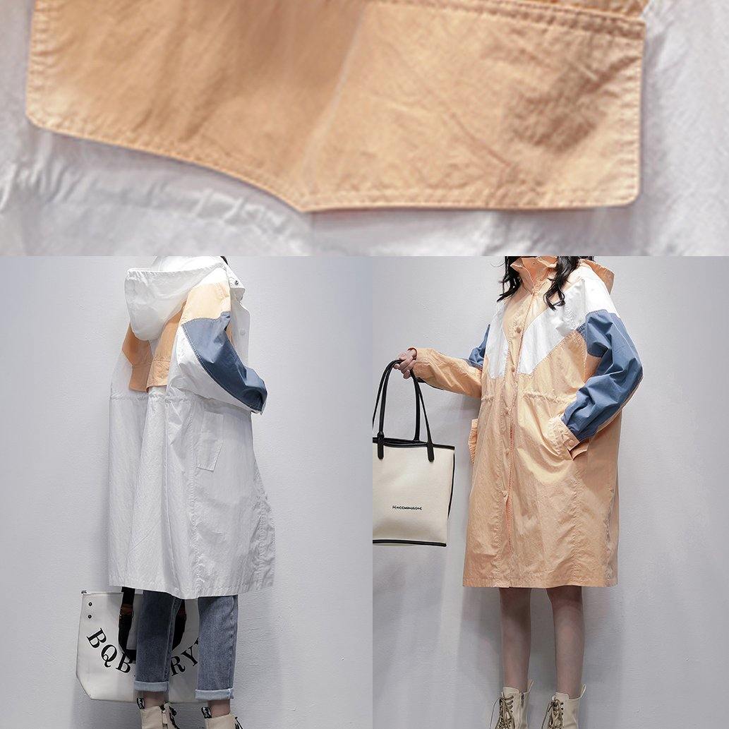 Art Orange Coats Blouses Fabrics Hooded Zippered Patchwork Outwears