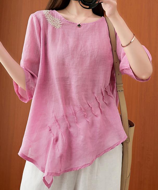 Art Pink Embroidery Blouse O Neck Cinched Silhouette Blouse