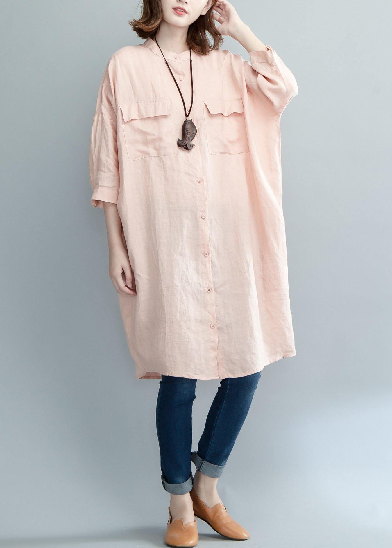Art Pink Linen Dresses Stand Collar Baggy Summer Shirt Dress