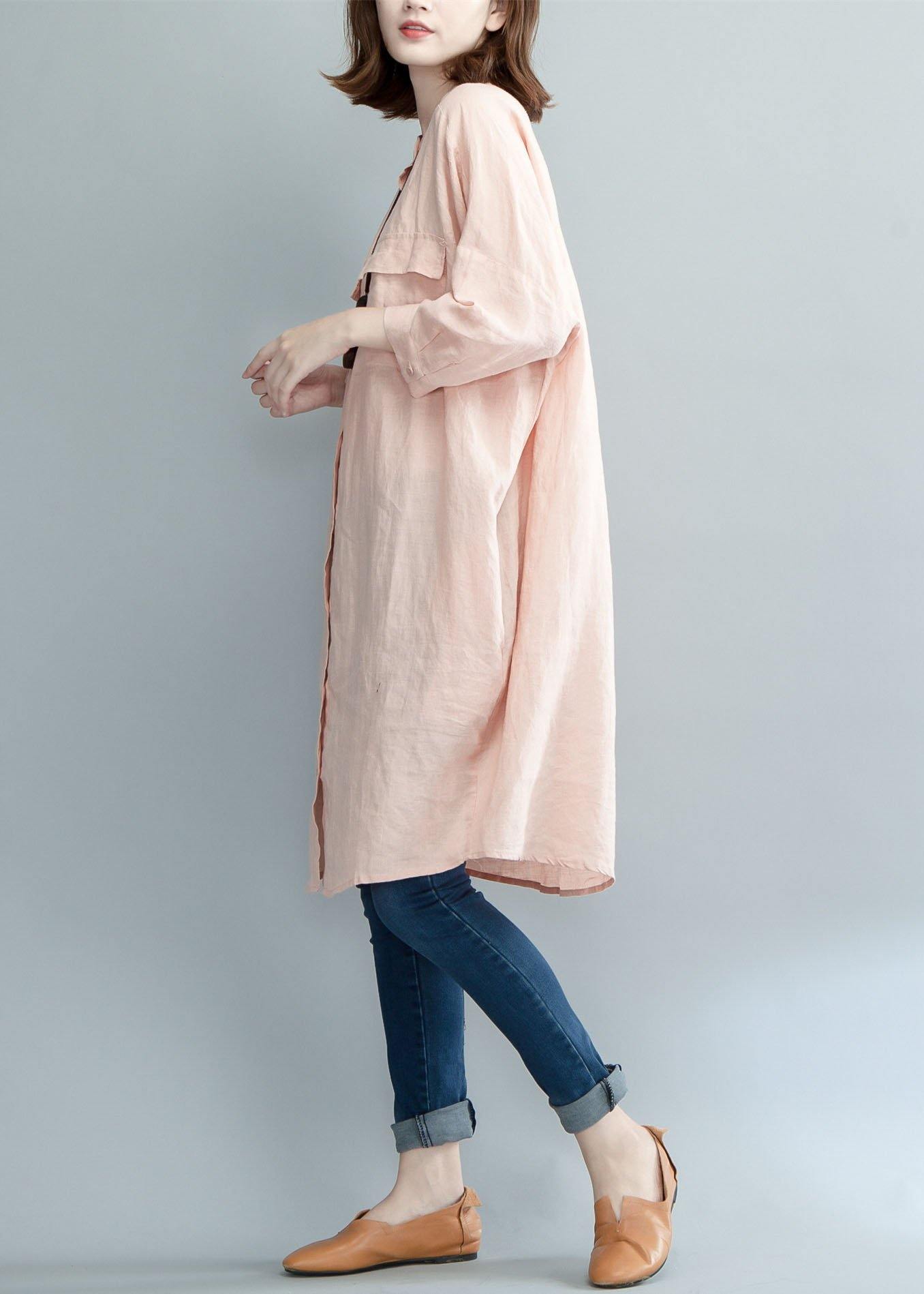 Art Pink Linen Dresses Stand Collar Baggy Summer Shirt Dress
