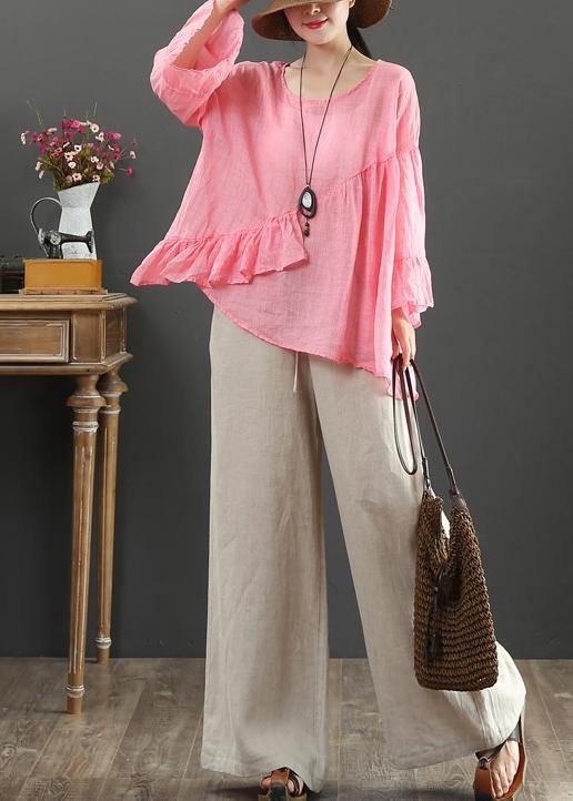 Art Pink Linen Tops O Neck Ruffles Silhouette Summer Blouses