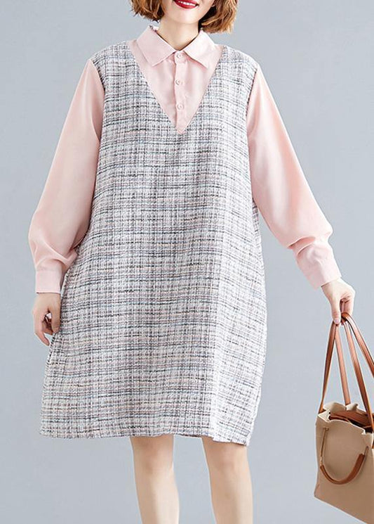 Art Pink Patchwork Plaid Linen Clothes for Long Sleeve False Two Pieces Shift Fall Dress