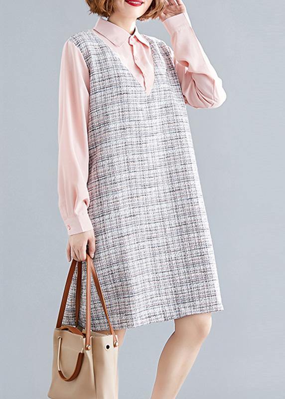 Art Pink Patchwork Plaid Linen Clothes for Long Sleeve False Two Pieces Shift Fall Dress