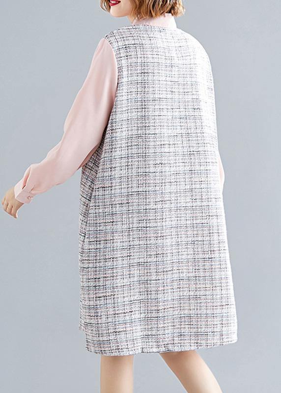 Art Pink Patchwork Plaid Linen Clothes for Long Sleeve False Two Pieces Shift Fall Dress